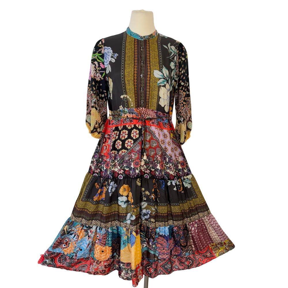 Johnny Was Silk Tibby Jaime 3/4 Sleeve Tiered Maxi Dress Multicolor Patchwork XS